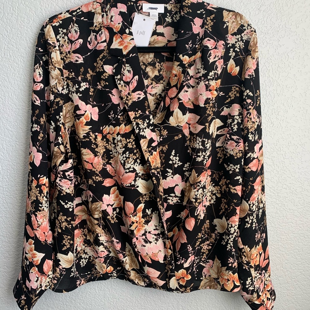 J. Jill black floral wrap blouse